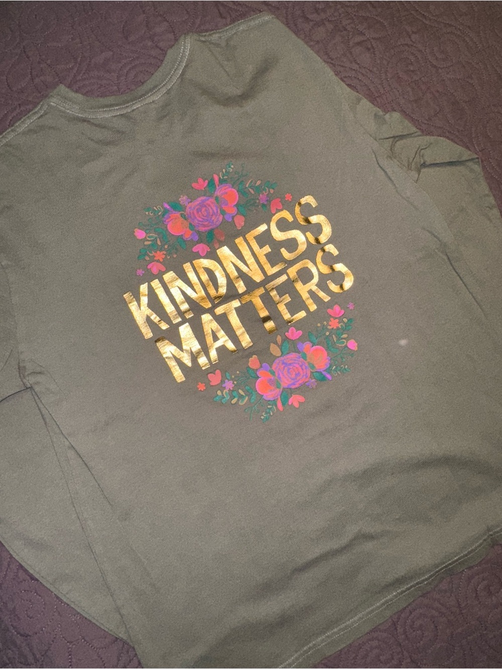 NATURAL LIFE Olive Green Long Sleeve Tee with Gold & Floral Graphic Medium